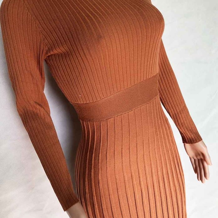 Elegant Plain Color Long Pleated Knitting Dress