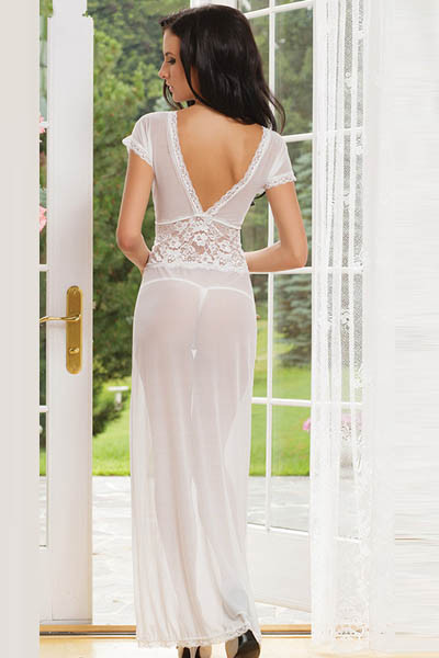 LE6097-2Mesh and Lace V Neck Gown