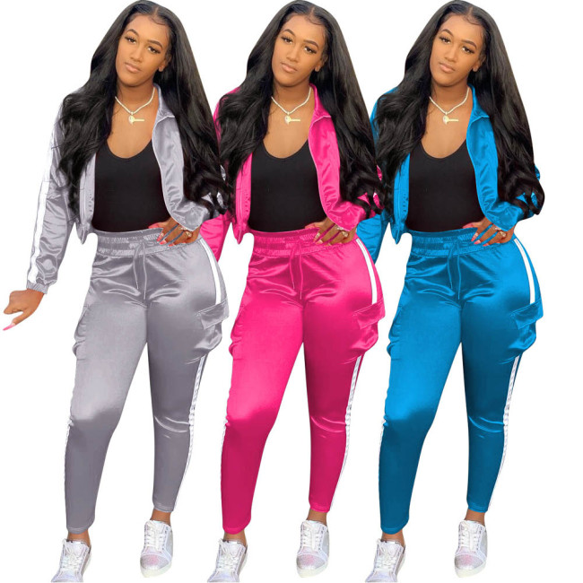 Solid color stitching reflective strip sports Two Piece Sets women clothing