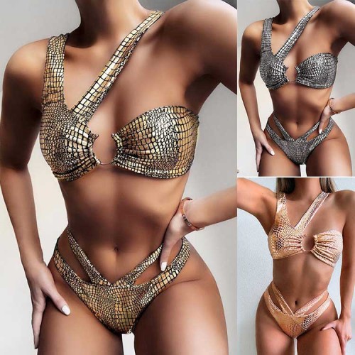 Metallic Crocodile Ring Linked High Cut Bikini Swimsuit