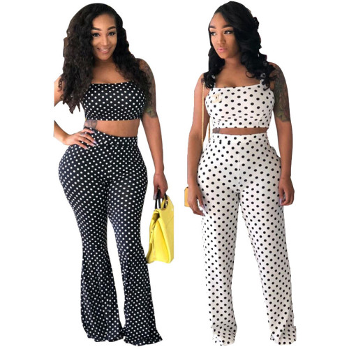 Spaghetti Strap Crop Top and Polka Dot Flare Pants Set two Piece Outfits For Women