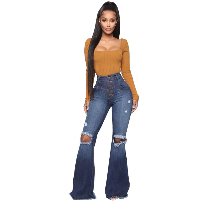 Winter Blue Washed High Waist Ripped Flare Jeans
