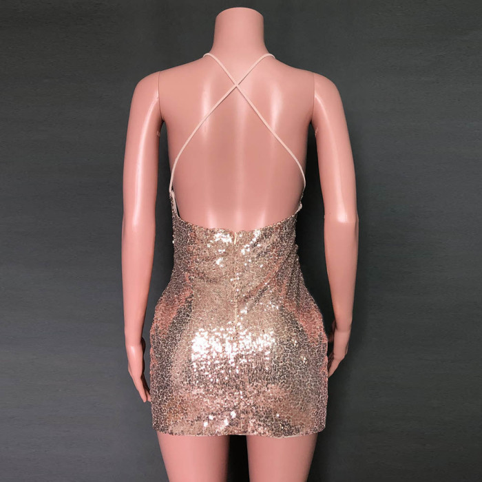 Sequins Deep-V Straps Wrap Party Dress