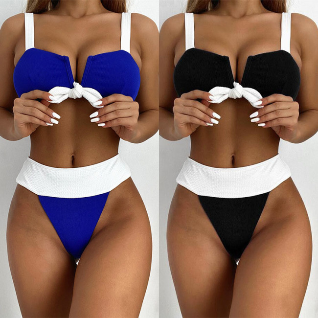 Two Piece Contrast Knotted Thong Swimwear