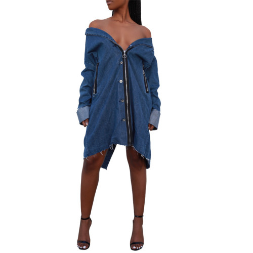 Zipped Up Long Denim Coat with Sleeves