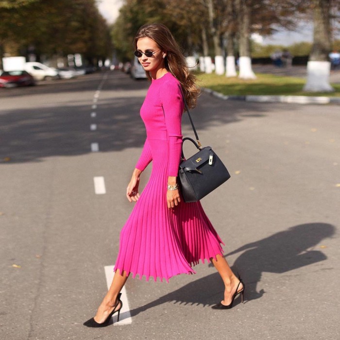 Elegant Plain Color Long Pleated Knitting Dress