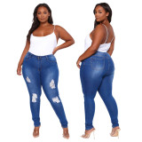 Plus Size Cut Out Distressed Ripped Pockets High Waisted Long Jeans