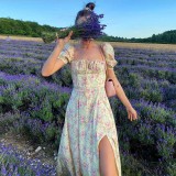Fashion Puff Sleeve Floral Lace High Split Midi Dresses