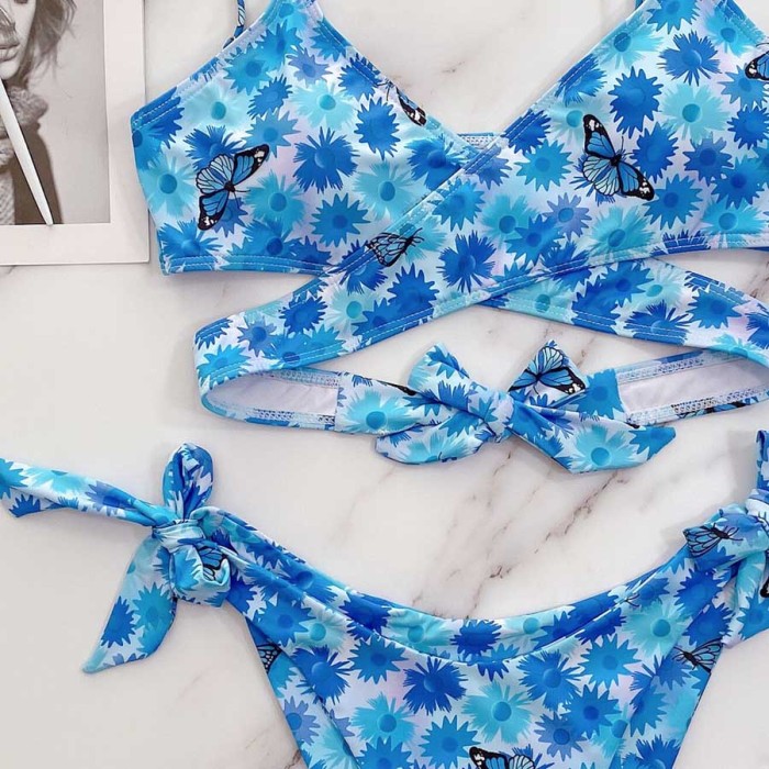 Two-Piece Floral Blue Wrapped Strings Swimwear