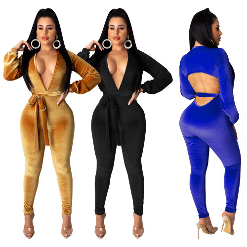 Pure Color Velvet Jumpsuit (with belt)