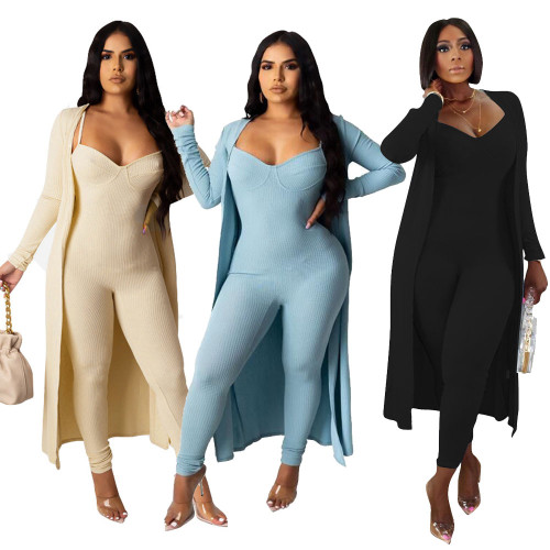 Casual Ribbed Long Jacket And Slim Jumpsuit Two Sets