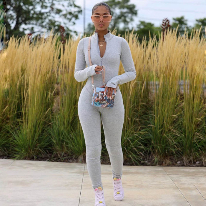 Solid Color Long Sleeved Sports Jumpsuit