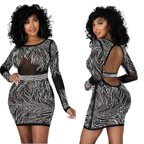 Beaded See Through Round Neck Long Sleeve Party Dress