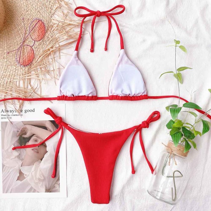 drawstring two piece rib knit bikini swimsuit