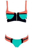 Zip Decor Color Block Green Bikini Set LE4105-2