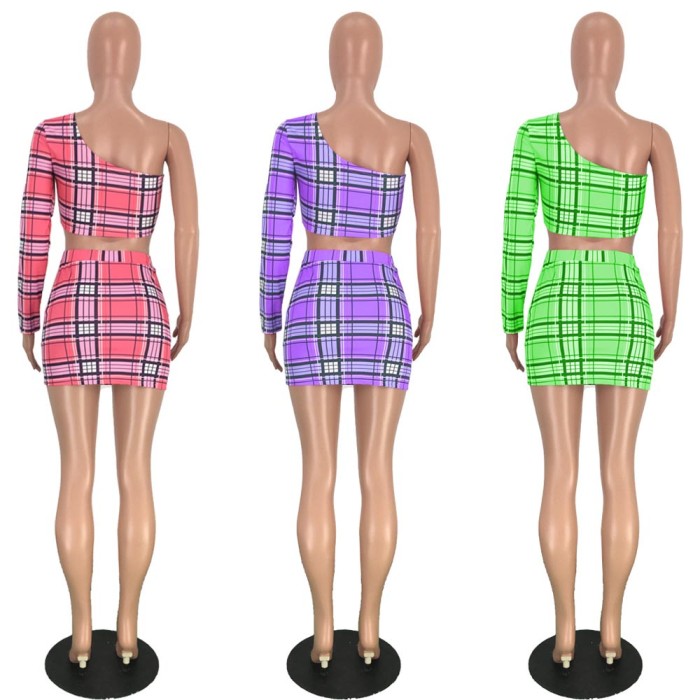 Plaid printed Unilateral Long Sleeved T-shirt Two Piece Skirt Set