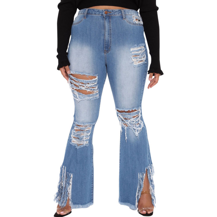 Plus Size Fringed Ripped Stretch Slim Flared Jeans