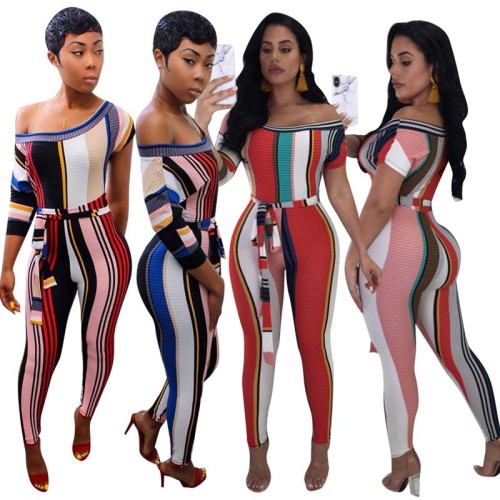 Fashion Print Vertical Striped Short sleeve Jumpsuits