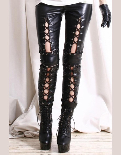 LE5604 Gothic punk rock simulated leather straps Leggings