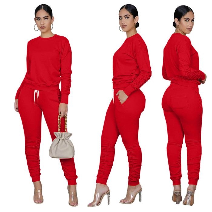 Round neck Sweater Pleated Pants Suit
