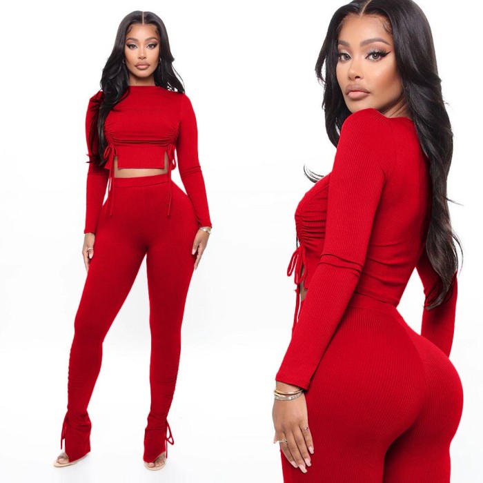 Sexy Solid Color Strings Crop Top and Pants Set
