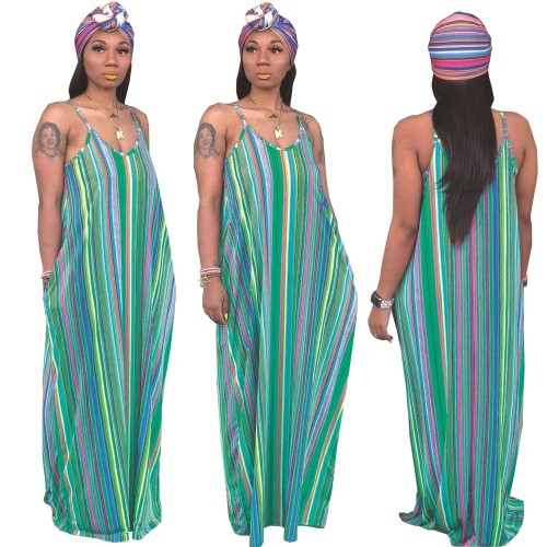 Women's Casual Pinstripe Maxi Dress Sleeveless Plus Size Sundress