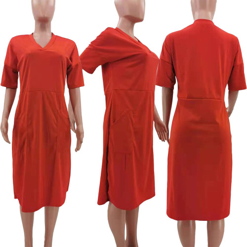Loose Solid Color V-neck Casual Dress