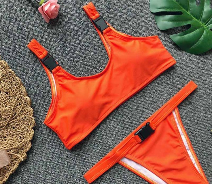 Solid color with buckle 2pcs Bathing Suit