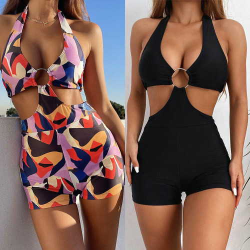 One-Piece Cut Out Metal Ring Halter Swimsuit