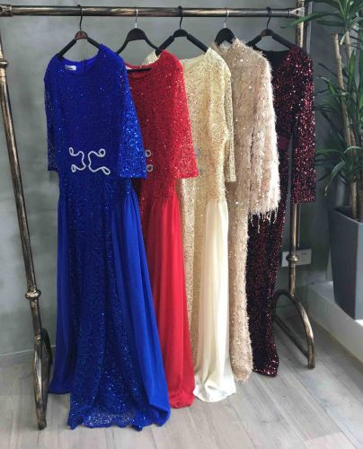 Lace Sequined Round Neck Sleeve Evening Party Dresses