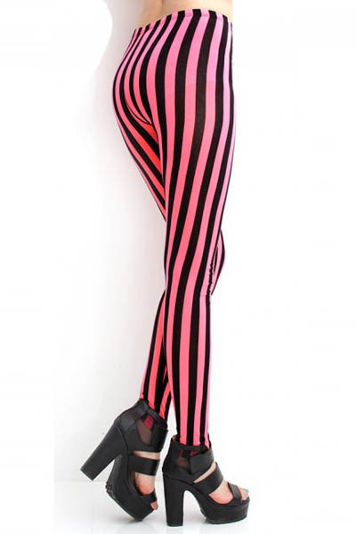 LE5437-3 Vivid Color Striped Leggings Pink and Black