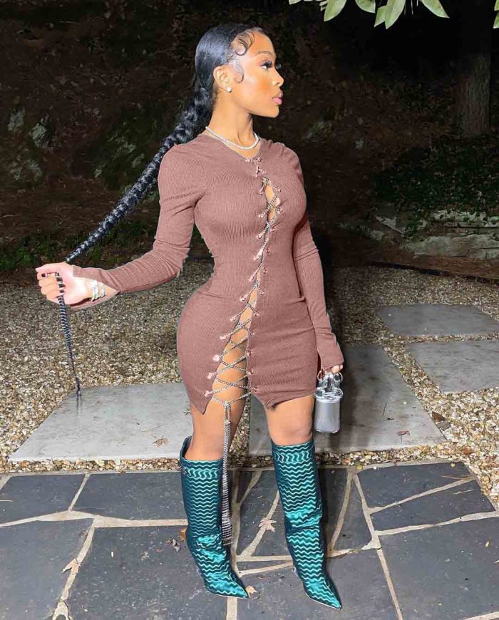 Party Sexy Long Sleeve Chains Lace Up Bodycon Dress