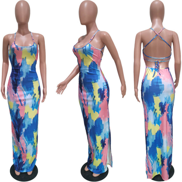 Tie-Dye Print Sling Open Back Split Dress