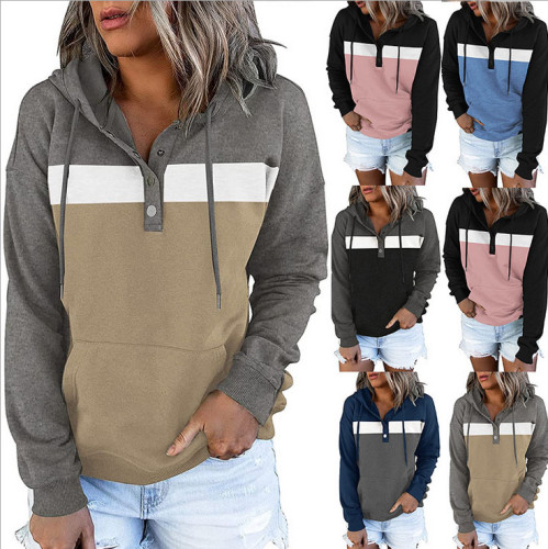 Ladies Color Block Hoodie Button Collar Sweatshirt