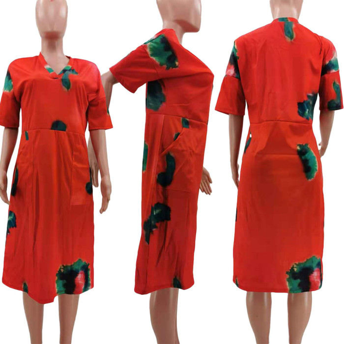 Loose Tie-dye Printed V-neck Casual Dress