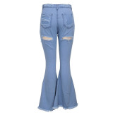 Ripped Washed High Waist Stretch Flared Jeans