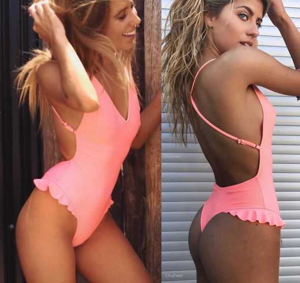 Solid Color Ruffled Backless One-piece Swimsuit