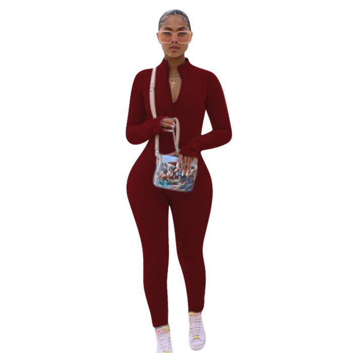 Solid Color Long Sleeved Sports Jumpsuit