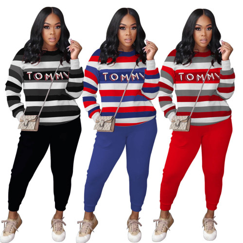Casual Letter Printed Round Neck Long Sleeves stripe Top With Trousers Two Pieces Sets