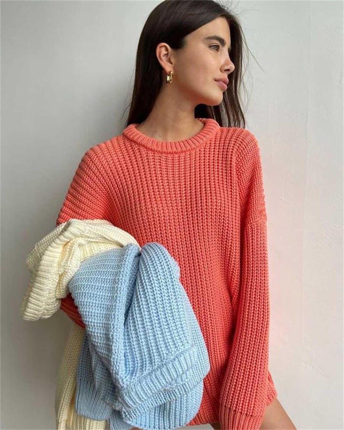 Pure Color Casual Loose Long Sleeve Round Neck Knitted Sweater