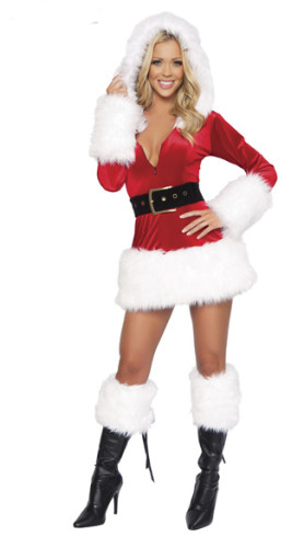 LE0164-2 Hooded Fur Trim Velvet Santa Dress