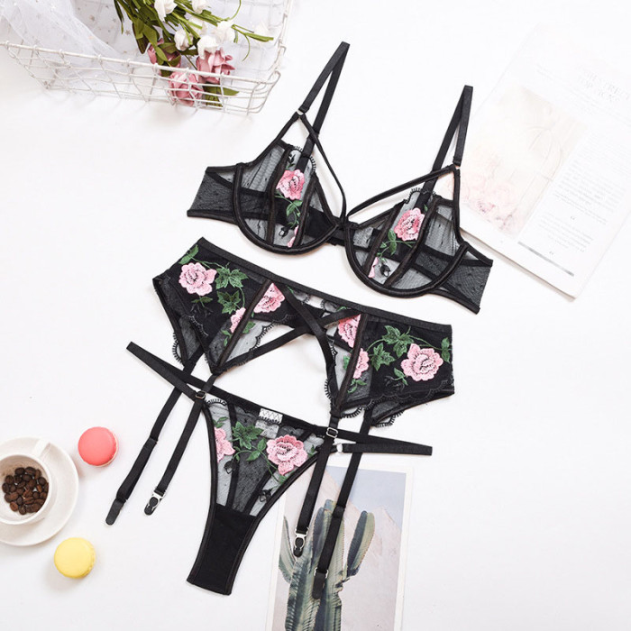 3PCS Embroidered Lace Mesh Underwear