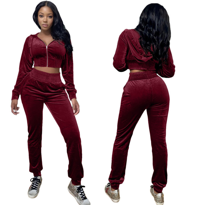 Velvet Solid Color Long Sleeved Hooded Casual Sports Suit