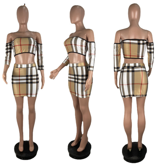 Sexy Dew Shoulder Geometric patterns Printed Two-piece Skirt Set Mini Dress