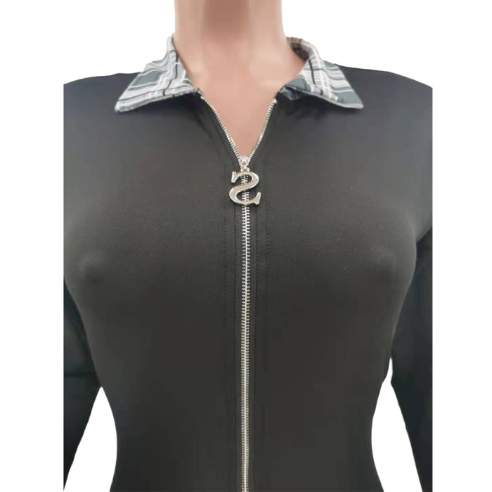 plaid neck patchwork long sleeve zipper jumpsuit