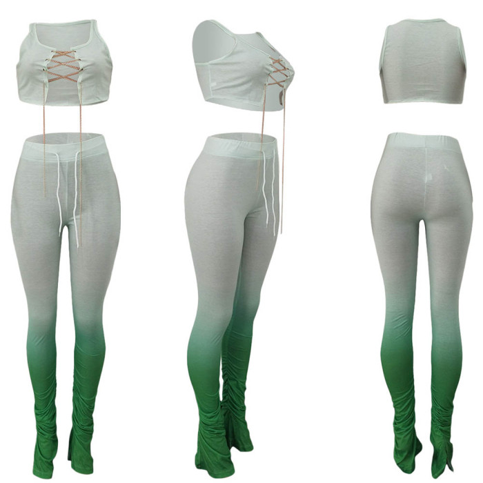 6-color Metal Chain Straps Pleated Split Micro Flare Pants Suit