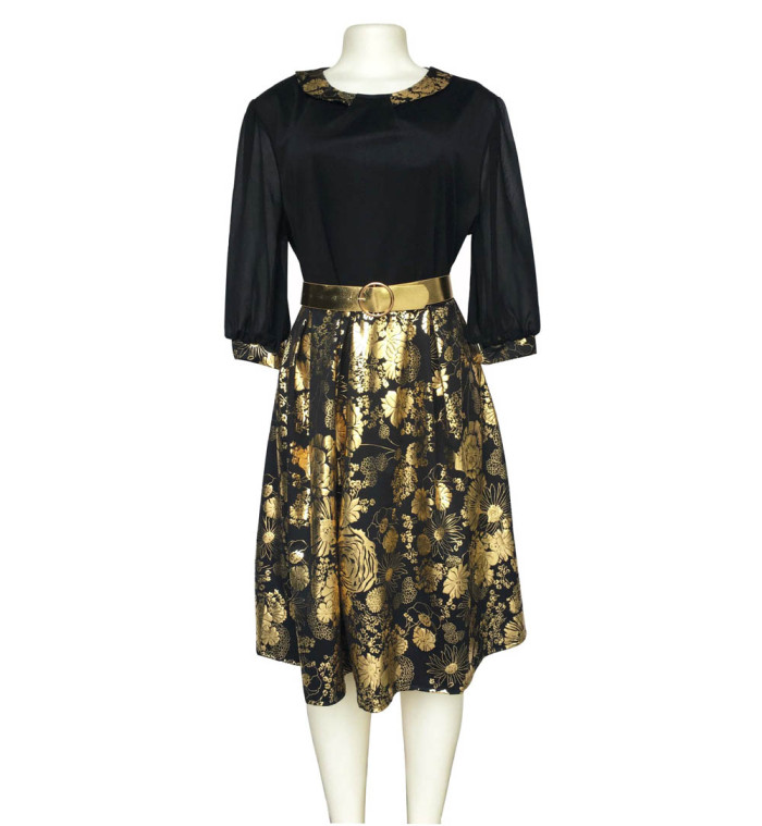 Bronzed Floral Chiffon Sleeve A-line Skirt with Gold Belt Dress