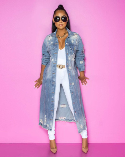 Fashion Women's Ripped Long Sleeved Denim Windbreaker Jacket