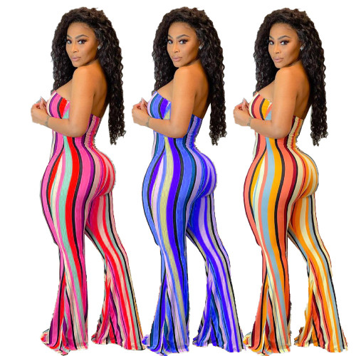 off shoulder sexy striped bell bottom jumpsuit