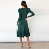 Bubble Long Sleeve Knitted High Waist Large Hem Midi Dress